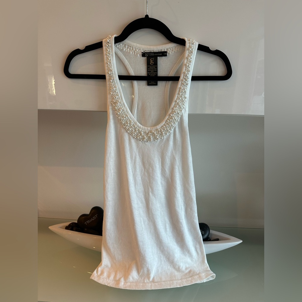 Grass collection White Racerback Tank Top with Pearl Details small